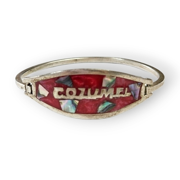 Mexico Cozumel Cuff Bracelet Red Inlaid Abalone Shell Alpaca Silver Vintage 6.5" - Picture 5 of 8